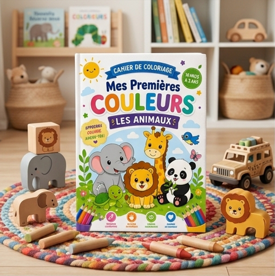 Cahier de coloriage – Mes premières couleurs : les animaux (–24 mois)