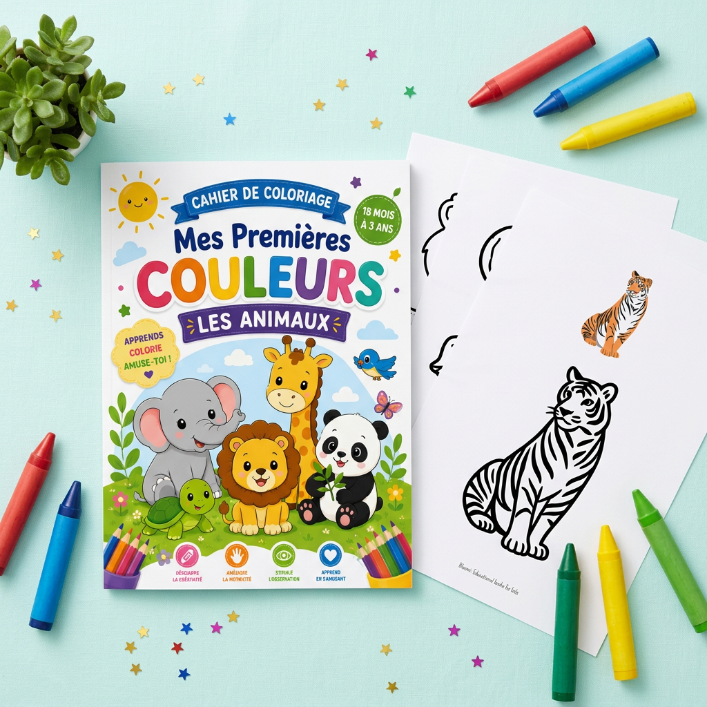 Cahier de coloriage – Mes premières couleurs : les animaux (–24 mois)
