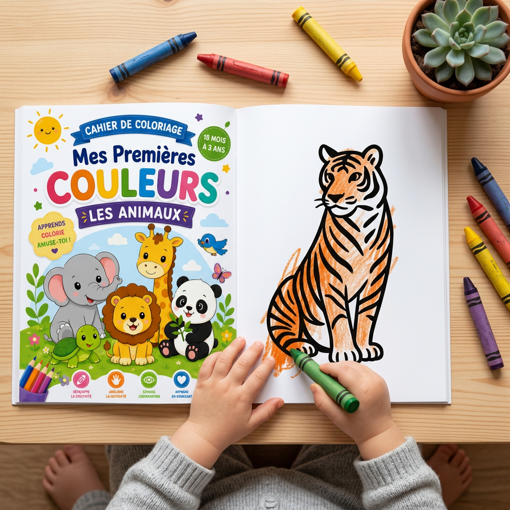 Cahier de coloriage – Mes premières couleurs : les animaux (–24 mois)